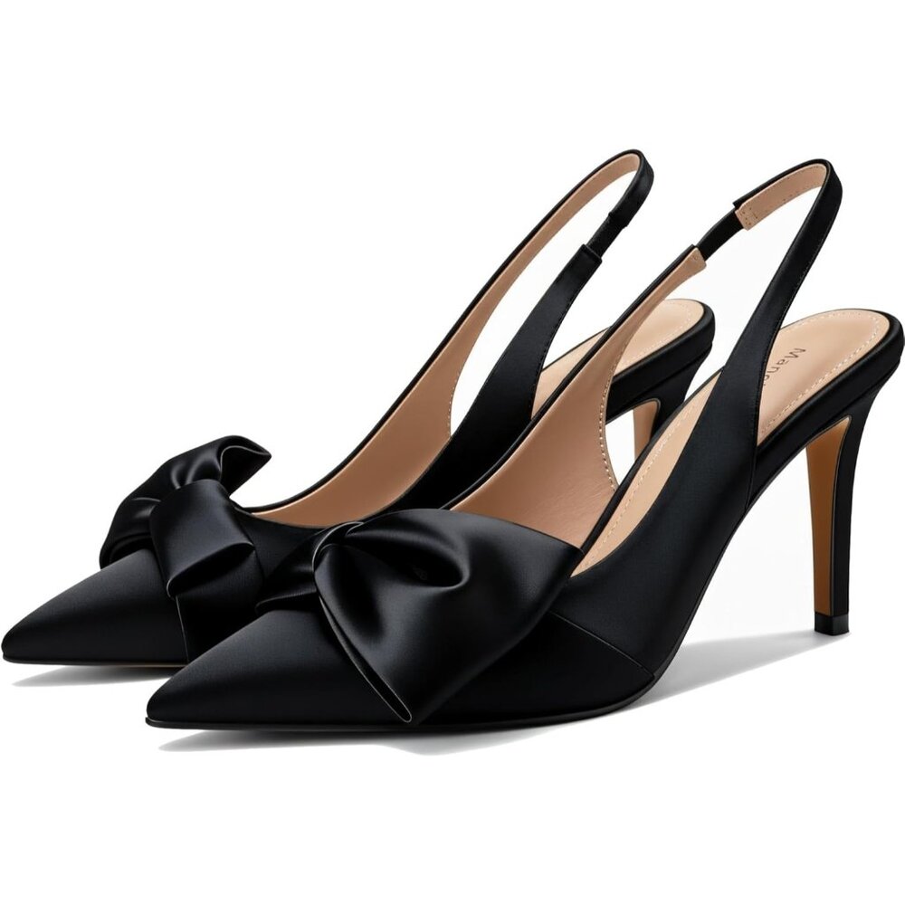 Women's Satin Black Slingback Elasticated Strap Stylish Comfortable Bow Heel